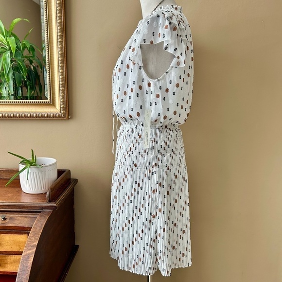 Anthropologie Current Air Cap Sleeve Pleated Mini Dress White Dot Size S New - Picture 3 of 7